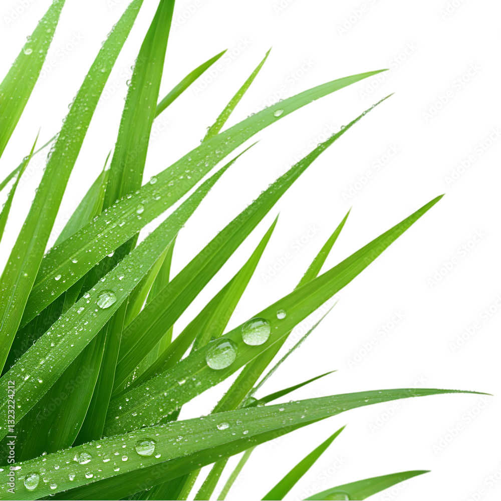 Obraz premium Close-up of vibrant green grass blades adorned with water droplets, capturing the freshness of nature with a bright white backdrop.