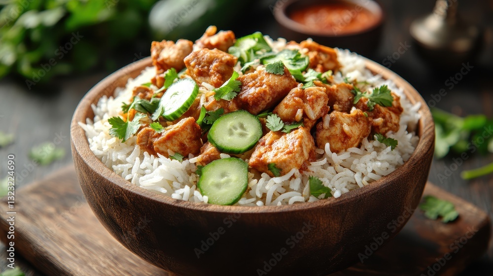 Spicy chicken curry served over rice, garnished with cucumbers and cilantro. Perfect for food blogs, restaurant menus, or recipe websites. Spicy chicken curry served over rice, garnished with cucumbers and cilantro. Perfect for food blogs, restaurant menus, or recipe websites.