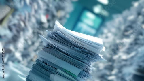 A large stack of papers sits on a glass surface with a blurred background of more papers.