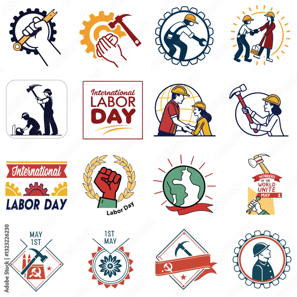 Fototapeta premium Collection of Labor Day themed illustrations and icons, labor day all elements icon set