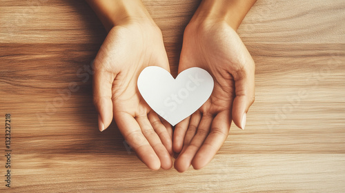 Open hands holding a white heart on a wooden background. Symbol of love, care, and kindness.