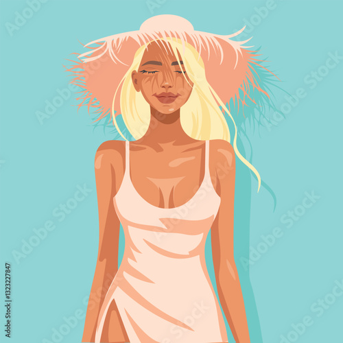 Vector illustration of a beautiful tanned woman in a light dress and straw hat. Blonde hair, closed eyes, and a relaxed expression create a summer beach vibe. Bright, warm colors.