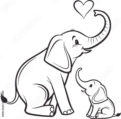 Cute illustration of an elephant with a baby elephantin a simple vector style