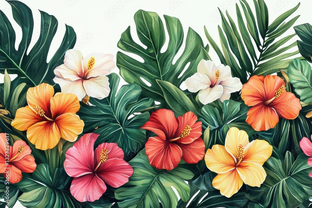 A vibrant arrangement of colorful hibiscus flowers and lush green tropical leaves. A vibrant arrangement of colorful hibiscus flowers and lush green tropical leaves.