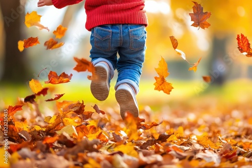 A child jumping into a pile of autumn leaves, vibrant reds and oranges flying into the air, crisp fall breeze in the background