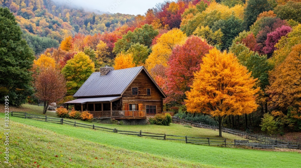 A wooden farmhouse surrounded by colorful fall trees, rustic and cozy atmosphere A wooden farmhouse surrounded by colorful fall trees, rustic and cozy atmosphere