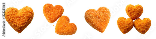 Heart-shaped crispy orange crunch nuggets isolated on a transparent background.