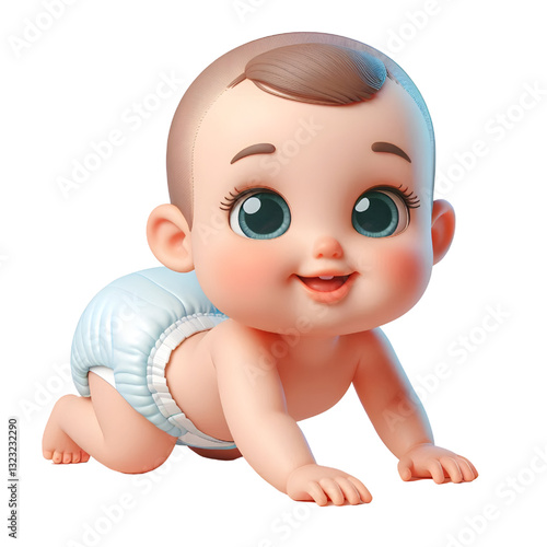 Cute baby character wearing diaper and crawling 3d with smiling face isolated on white background