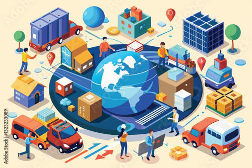 This illustration shows the global logistics network with lively suppliers and transportation activities, Suppliers concept b2b idea global logistic distribution service company