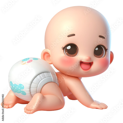 Cute baby character wearing diaper and crawling 3d with smiling face isolated on white background