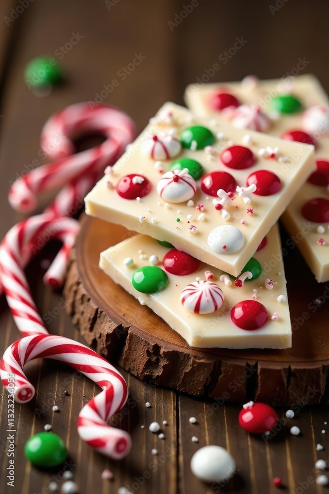 Colorful peppermint bark and candy canes on a wooden table, bark, candy Colorful peppermint bark and candy canes on a wooden table, bark, candy
