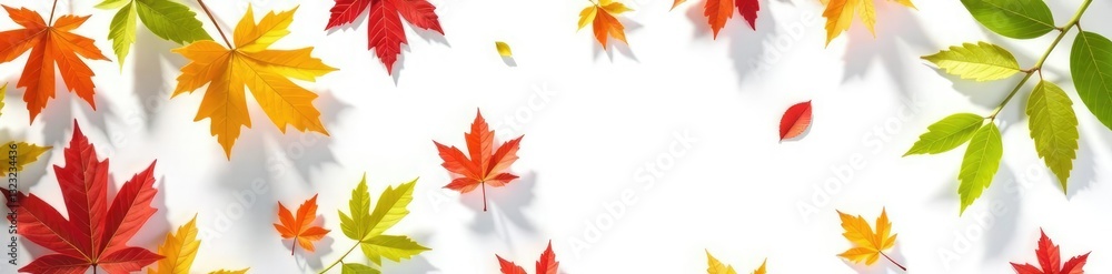 Colorful foliage scattered on white background with subtle shadows, texture, leaves, organic Colorful foliage scattered on white background with subtle shadows, texture, leaves, organic