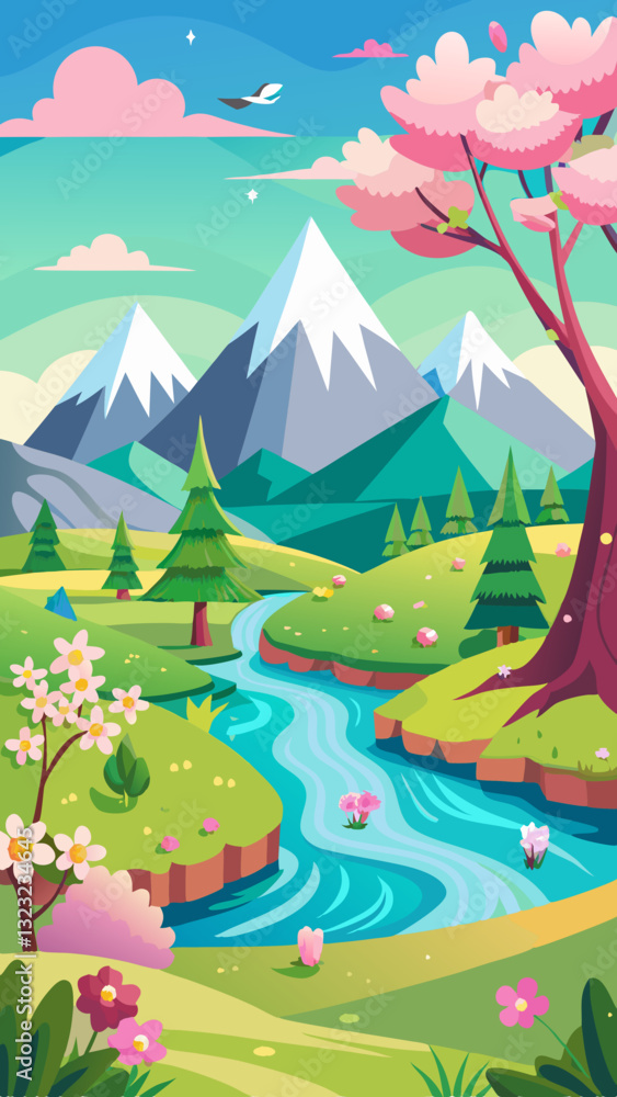 Obraz premium Scenic spring landscape featuring mountains, trees, and flowing river under bright sky