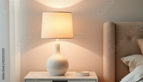 Elegant White Bedside Lamp Illuminates Bedroom with Beige Walls and Cozy Ambiance