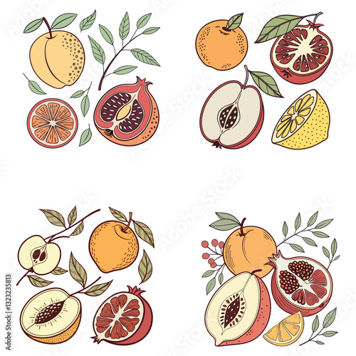 Orange fruit print. Fresh apple fruit print. Pomegranate fruit artwork. Nature lemon design vector
