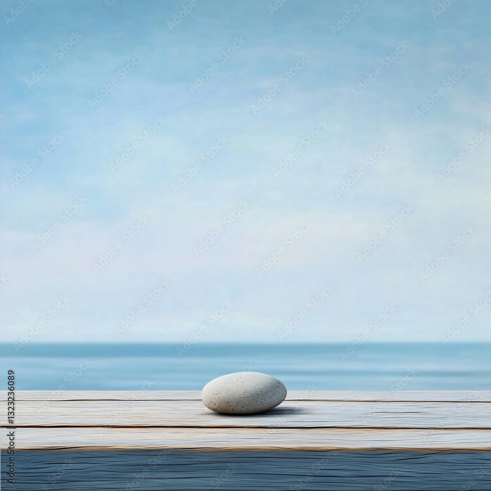 Smooth stone on wooden beach table, ocean background; serenity, calm Smooth stone on wooden beach table, ocean background; serenity, calm