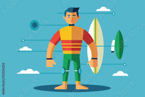 A quirky surfer stands with a board, ready to ride the waves in a vibrant coastal environment, Surfer Customizable Disproportionate Illustration