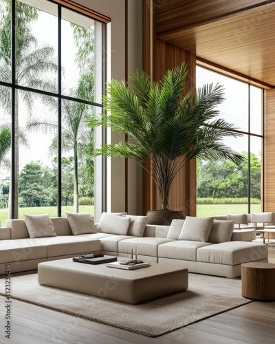 A modern living room with floor-to-ceiling windows  a tall potted palm tree  and neutral-colored furniture enhancing the natural look