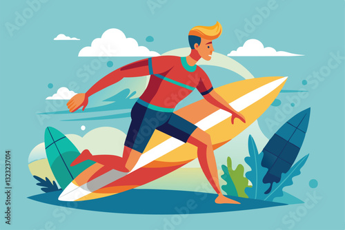 A surfer in vibrant attire rides a wave against a backdrop of stylized clouds and greenery, Surfer Customizable Semi Flat Illustration