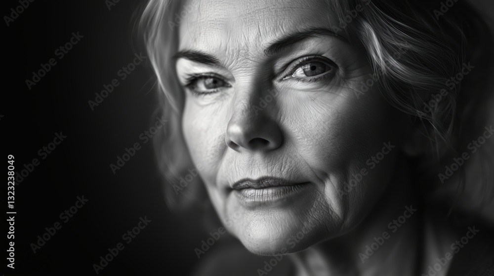 Portrait of an elderly woman looking directly at camera. Black and White. Copy space for text Portrait of an elderly woman looking directly at camera. Black and White. Copy space for text