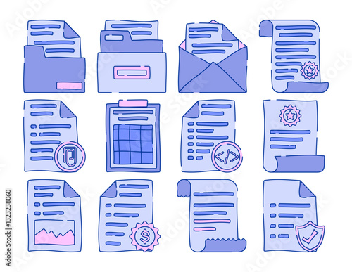 Document Icons Doodle style, hand-drawn blue and pink document icons, representing files, emails, reports, and certificates, perfect for office graphics, business templates, and digital content.