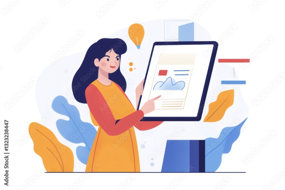 Woman pointing at an interactive whiteboard while presenting a design project during an online meeting, showcasing remote work technology Woman pointing at an interactive whiteboard while presenting a design project during an online meeting, showcasing remote work technology