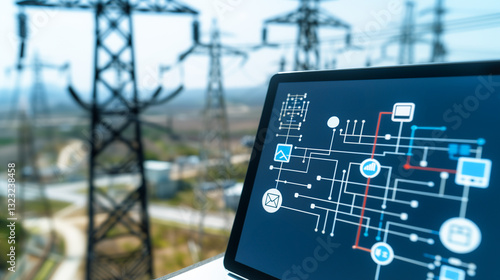 Energy Network Visualization: A modern laptop displays an intricate energy network diagram, symbolizing power distribution and technological advancement, with electricity pylons in the background. 