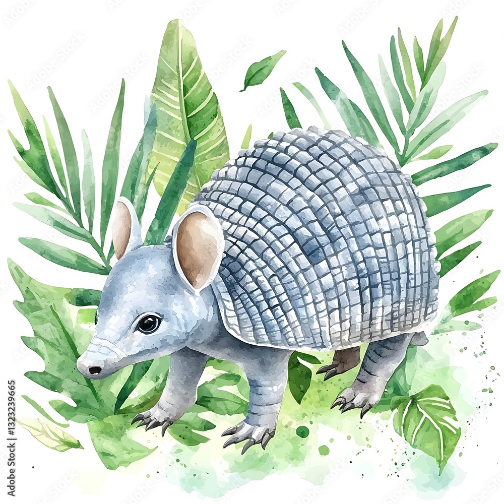 Obraz premium Adorable Armadillo in Lush Tropical Foliage A Watercolor Illustration.