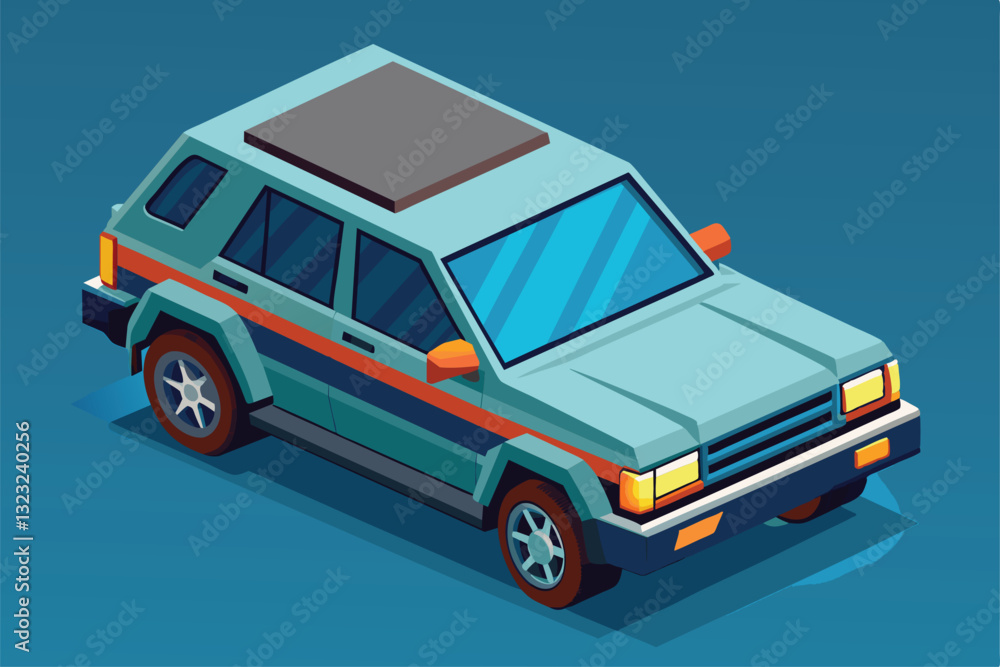 A detailed isometric view of a customizable SUV with a sleek design, set against a blue backdrop, Suv car Customizable Isometric Illustration A detailed isometric view of a customizable SUV with a sleek design, set against a blue backdrop, Suv car Customizable Isometric Illustration