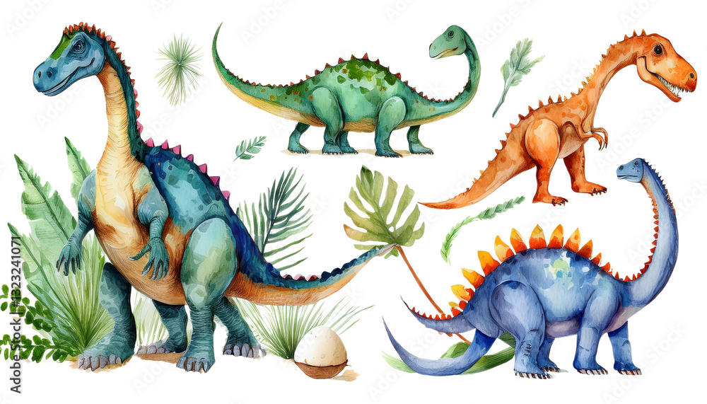 Fototapeta premium dinosaurs with eggs prehistoric animals set on transparent background