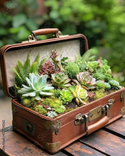 A creative tiny garden built into an old suitcase, filled with succulents, ferns, and moss for a unique aesthetic