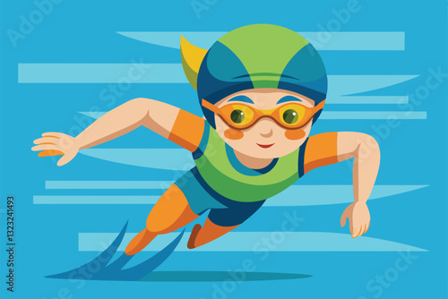 A cartoon swimmer with goggles glides swiftly through the water, showcasing energy and enthusiasm, Swim Customizable Cartoon Illustration