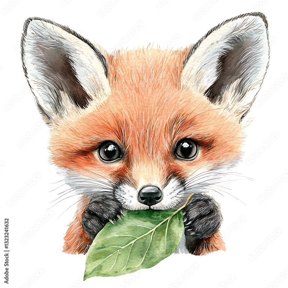 Fototapeta premium Adorable Red Fox Kit Holding a Leaf Watercolor Illustration of a Wildlife Animal.