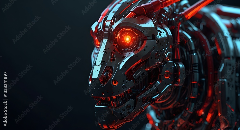 A robotic being with bright red eyes, combining animal-like features with a unique mechanical and organic design. A robotic being with bright red eyes, combining animal-like features with a unique mechanical and organic design.
