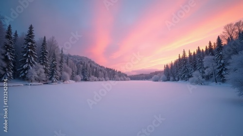 A frozen lake reflecting a pastel winter sunrise, encircled by snow-laden pine trees. The serene landscape glows with soft hues, creating a tranquil, dreamlike winter scene.