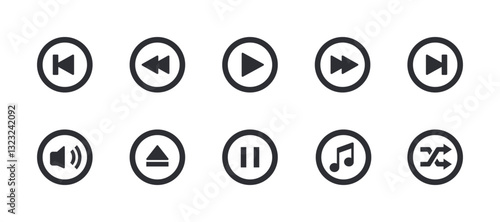 Set of Play Music Control Solid Icons. Pause, Rewind, Forward, Stop. Pixel Perfect.