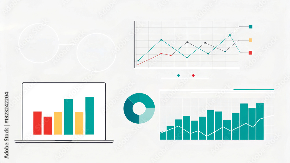 The image features various colorful data visualizations, including bar graphs, line charts, and pie charts, representing analytical information. The image features various colorful data visualizations, including bar graphs, line charts, and pie charts, representing analytical information.