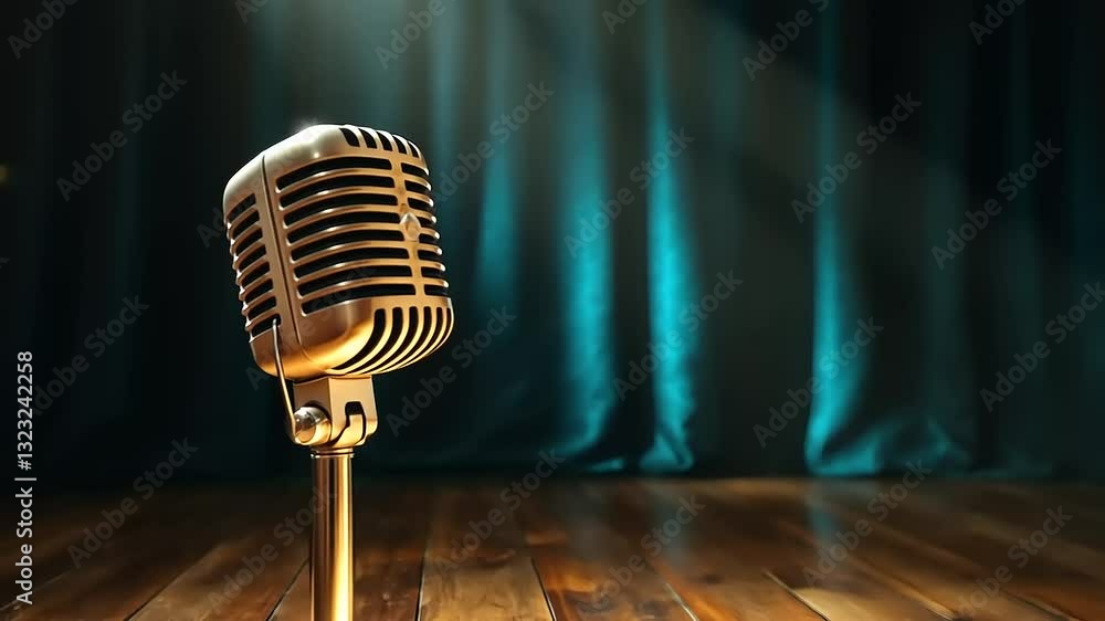 A chrome vintage microphone stands isolated, a classic object of retro musical sound