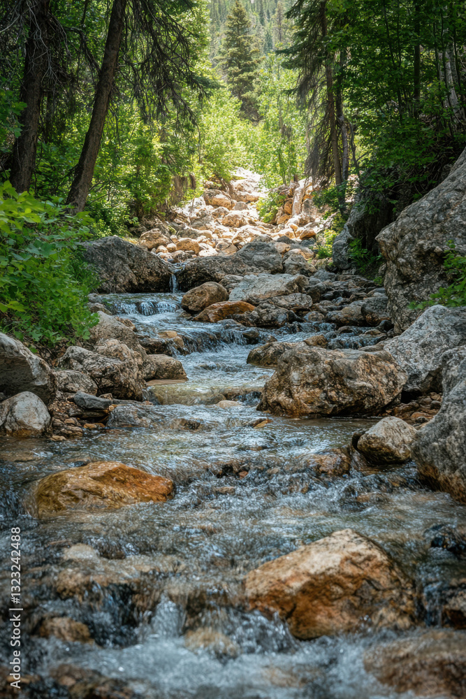 A serene forest stream flowing over rocks, surrounded by lush greenery under a canopy of tall trees. A serene forest stream flowing over rocks, surrounded by lush greenery under a canopy of tall trees.