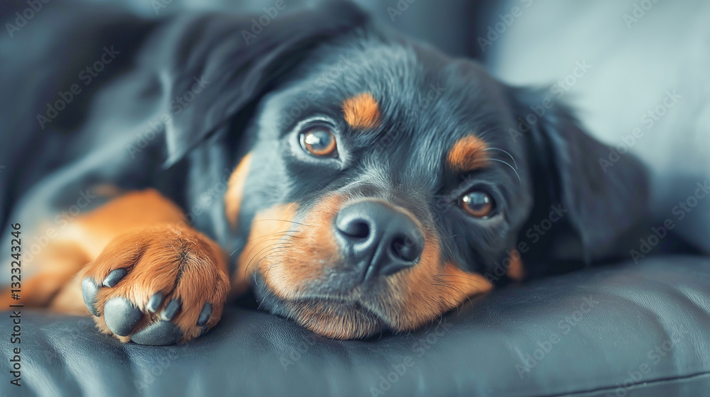 Fototapeta premium Playful dog resting on a couch looks curiously at the camera in a cozy home environment