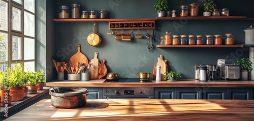 Sunlit Indian Kitchen Interior with Traditional Cooking Elements.