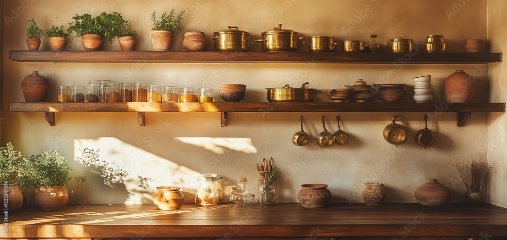 Sunlit Indian Kitchen Interior with Traditional Cooking Elements. Sunlit Indian Kitchen Interior with Traditional Cooking Elements.