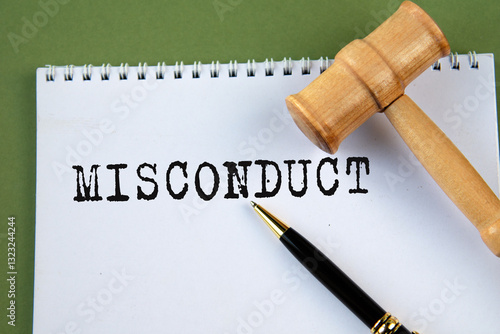 Fotografie MISCONDUCT - word on a white sheet with a judge's gavel