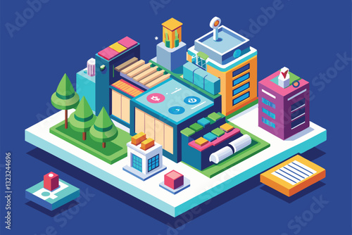 A colorful isometric depiction of an urban area featuring customizable swipe options for interactivity, Swipe options Customizable Isometric Illustration