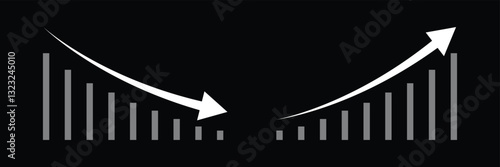 Graph going Up and Down sign with arrows. sales bar chart icon symbol with arrow moving up and moving down Flat design. Graph rise and fall business icon vector illustration.