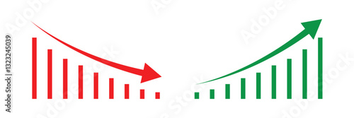 Graph going Up and Down sign with green and red arrows. sales bar chart icon symbol with arrow moving up and  arrow moving down Flat design. Graph rise and fall business icon vector illustration.