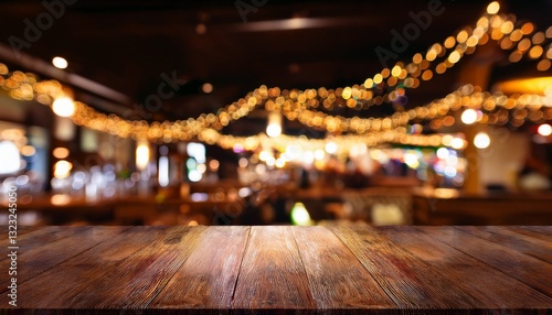 blur bokeh reflection light on table in pub or bar club and restaurant christmas party and celebrate at dark night for display product in brown tone background