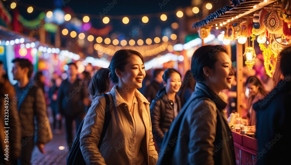 A joyful Asian woman smiles while exploring a vibrant night market filled with lights and lively crowds. A joyful Asian woman smiles while exploring a vibrant night market filled with lights and lively crowds.
