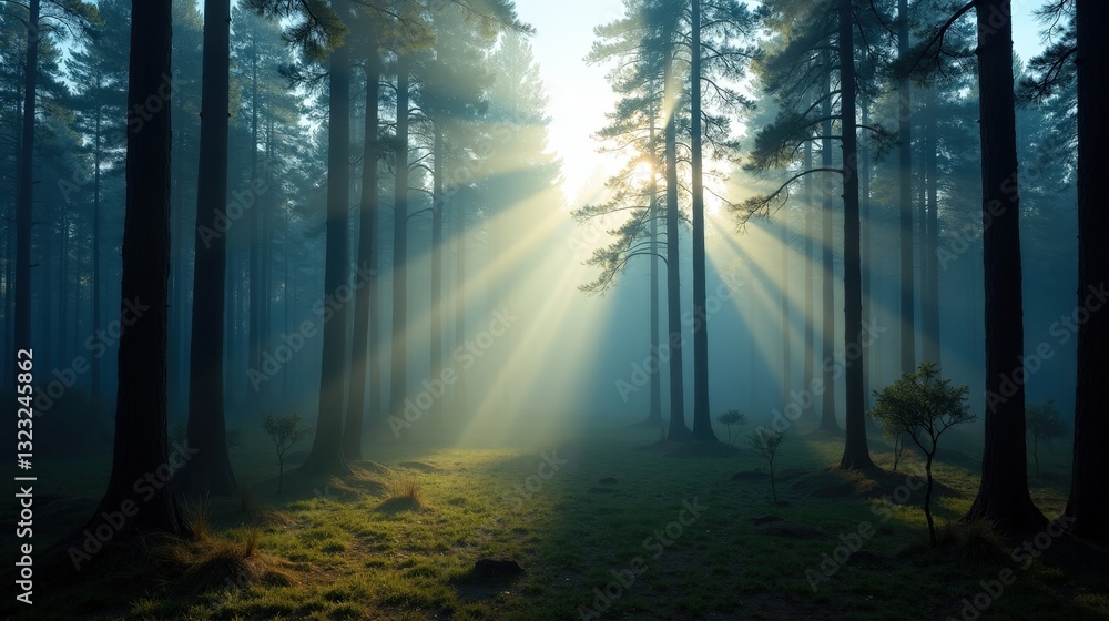 Naklejka premium A misty pine forest at dawn, golden rays of sunlight piercing through the dense fog, creating an ethereal and tranquil atmosphere in the morning hush.
