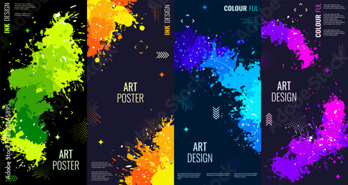Set of 4 abstract backgrounds. Ink splashes, bright colors of paint on a black background. Place for text. Poster, gift card, cover design, poster. Vector illustrations.